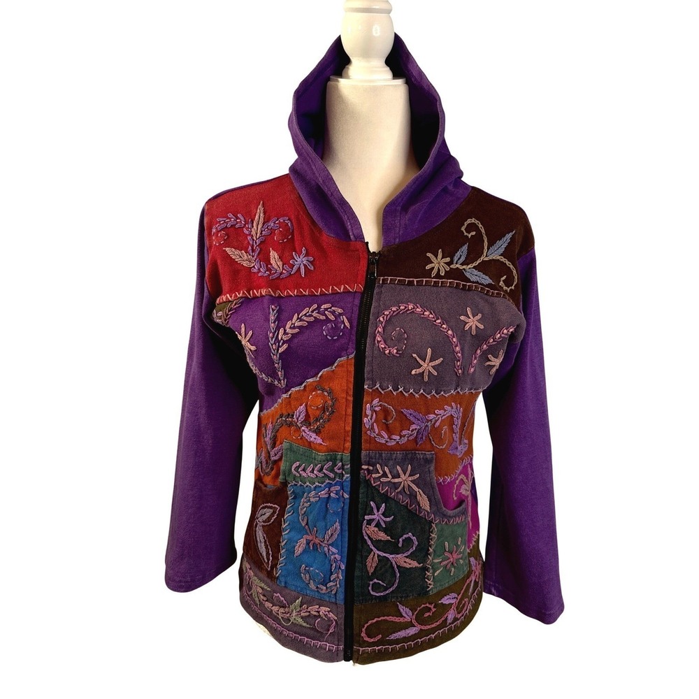 Rising Tide Womens Purple Floral Embroidered Patchwork Full Zip Hoodie Jacket‎ M